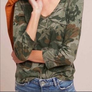 Anthropologie x t.la | Green Floral Camo V Neck 3/4 Sleeve Shirt